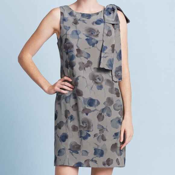 100% Silk Vintage 90's Fairy Gray & Blue Floral Knee Length Dress & Sash - Picture 4 of 6